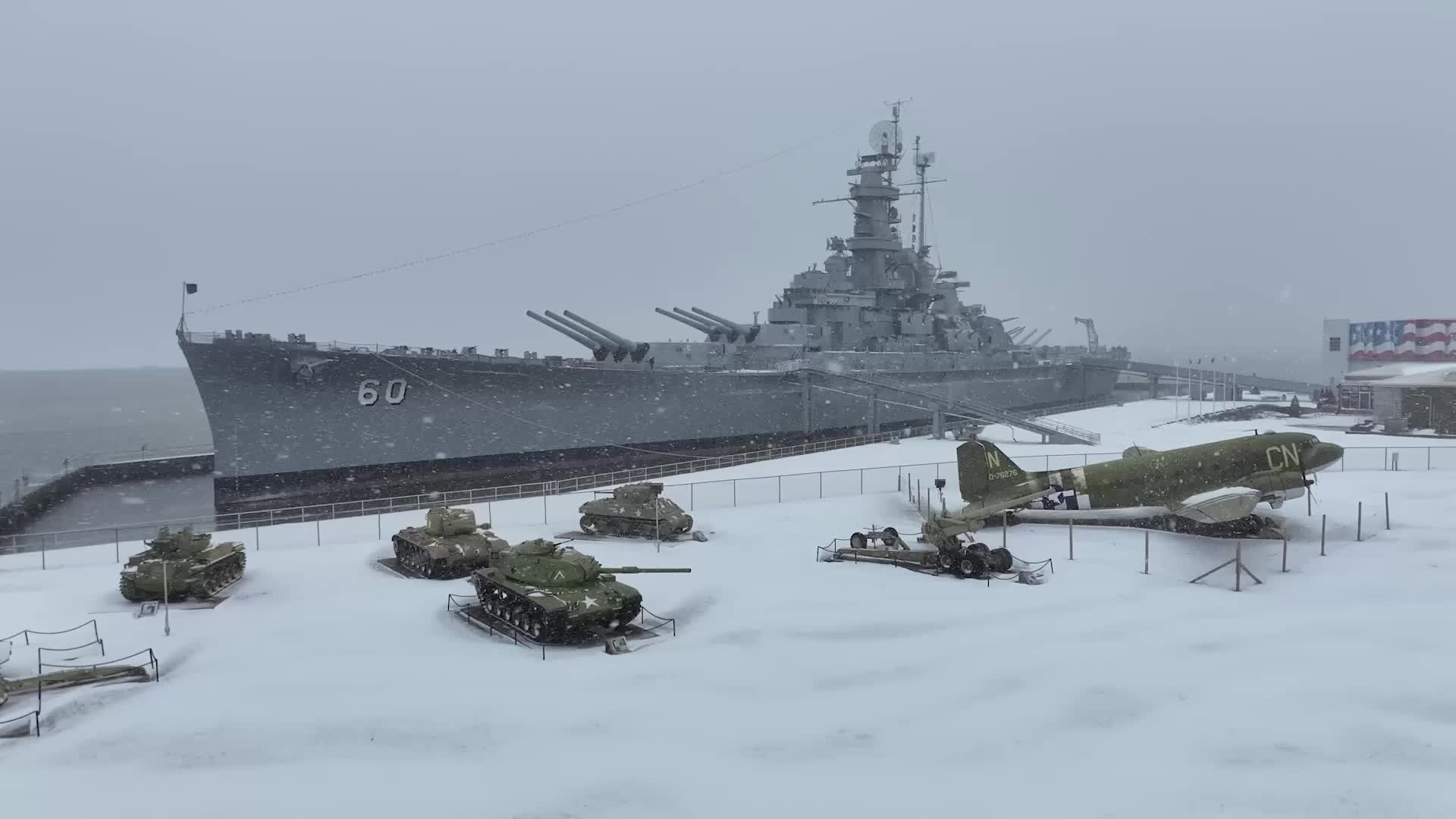 Battleship, Beaches Blanketed By Snow In Mobile, Alabama