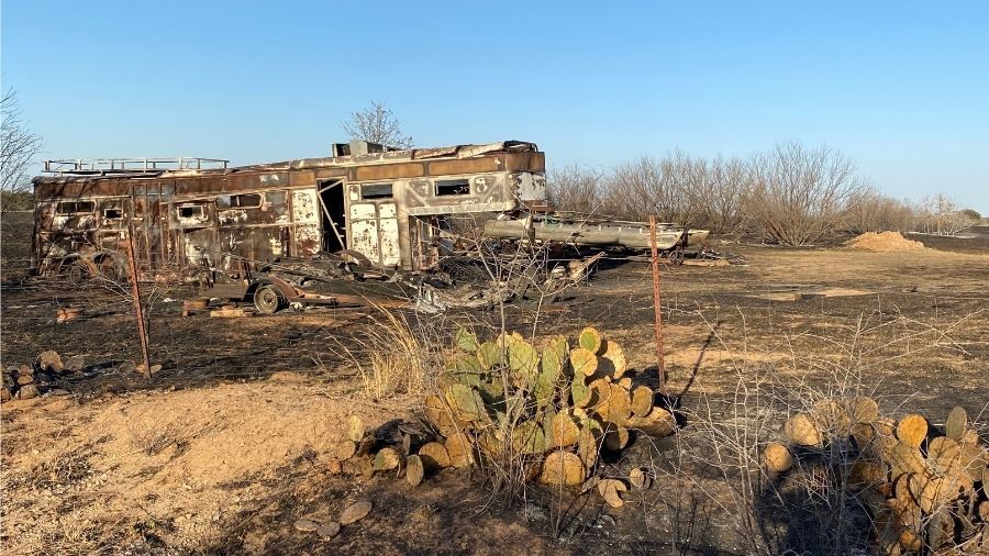 A trailer destroyed during the Smokehouse Creek Fire in Bryan, Texas. The record-breaking wildfire burned in the Texas panhandle and western Oklahoma in February of 2024.