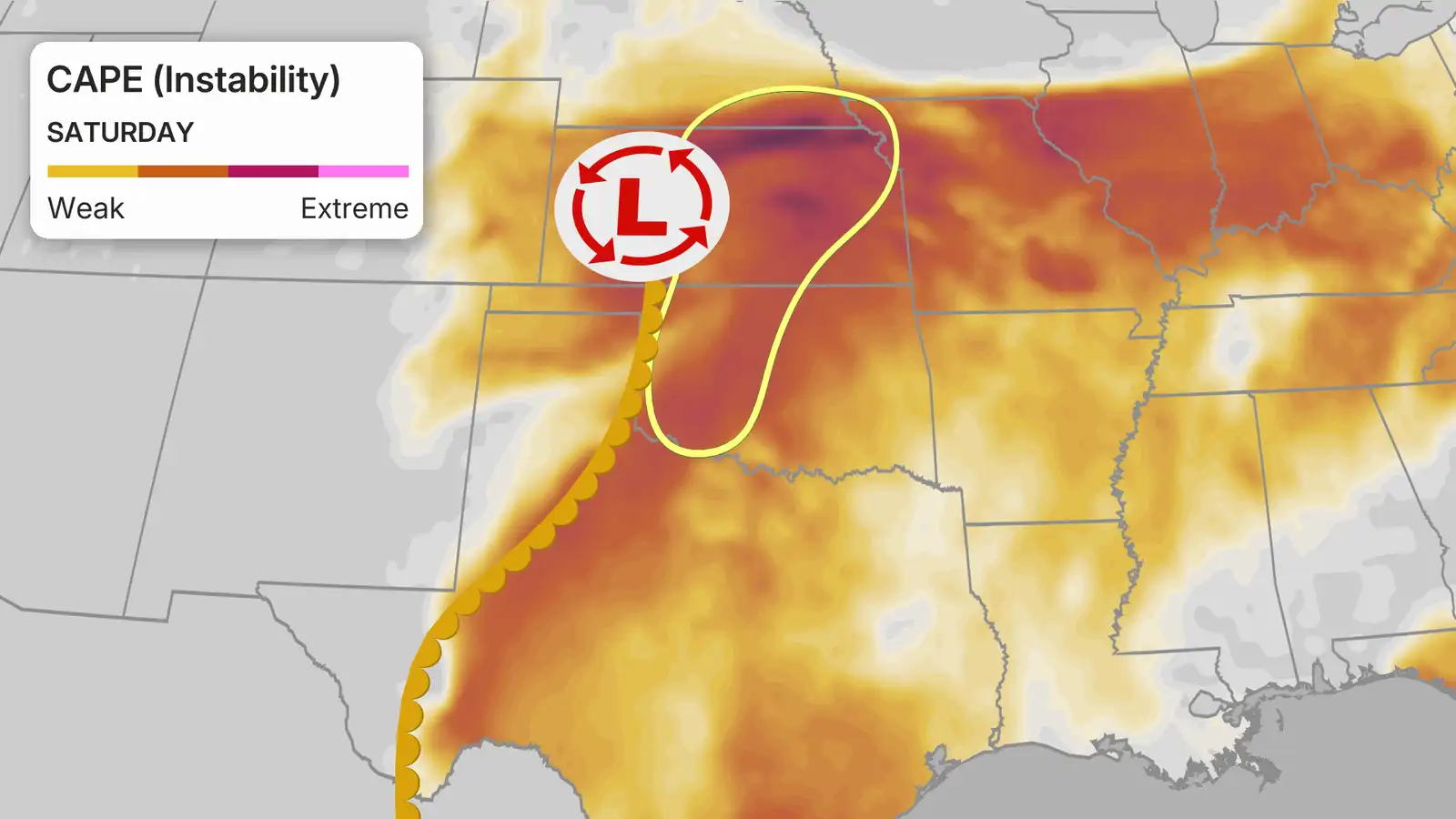 Energy forecast for Saturday with an outline of Saturday's severe threat area in yellow. 