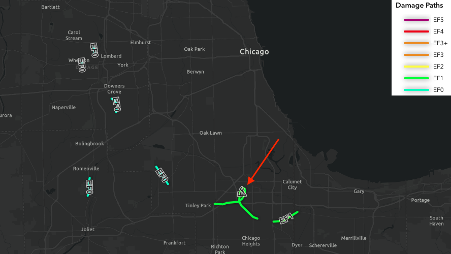 Chicagoland tornado tracks July 27, 2026