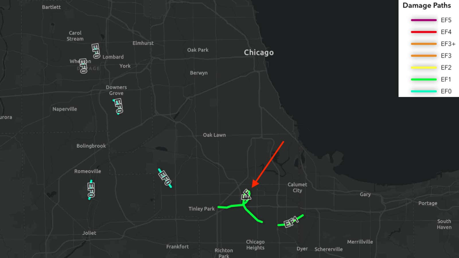 Chicagoland tornado tracks July 27, 2026