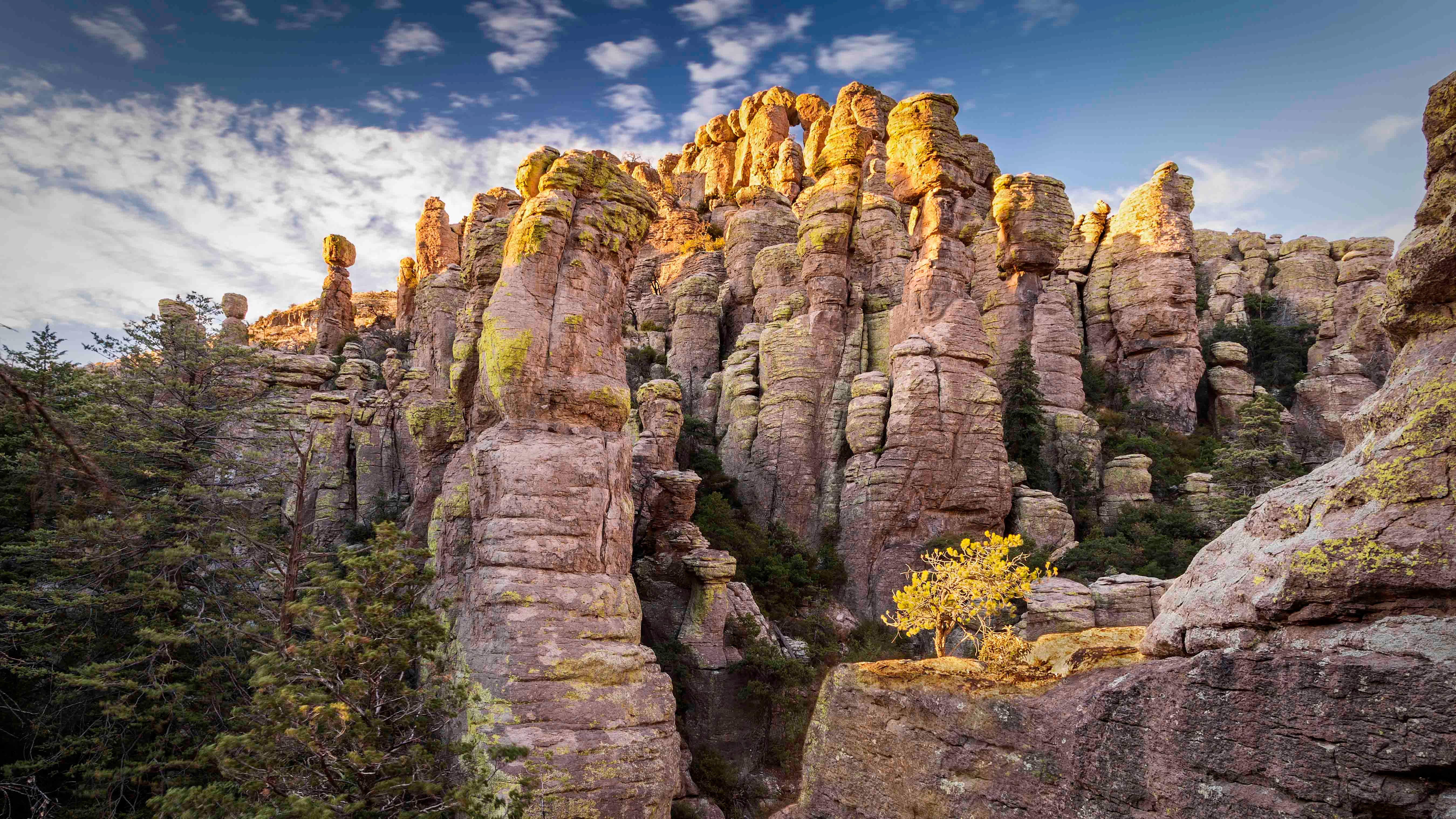 Towering rock pinnacles and hoodoo formations at Chiricahua National Monument under a partly cloudy sky