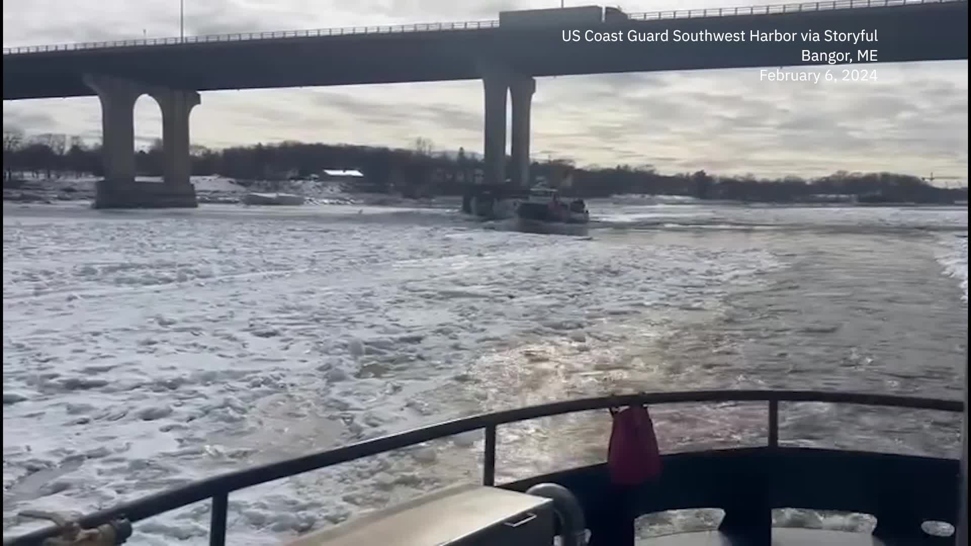 Coast Guard Ships Break Up Ice On Maine River
