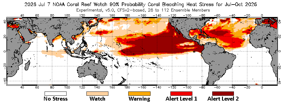 World map heat stress forecast with red coral bleaching probability zones and legend for alert levels