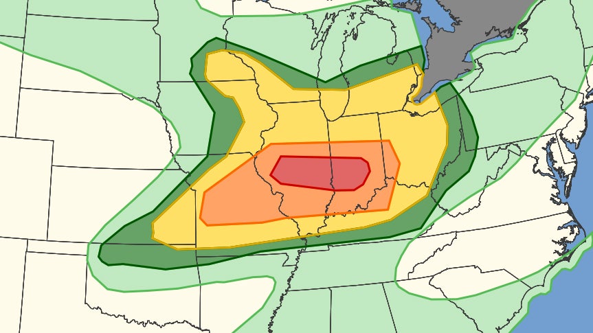Weather map showing color-coded precipitation or storm intensity zones across the central United States, with red indicating the highest intensity area surrounded by orange, yellow, and green zones