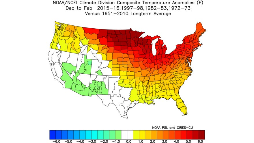 December - February temperature trends during super El Ni&ntilde;os where red is warmer than average and green or blue is cooler than average. 