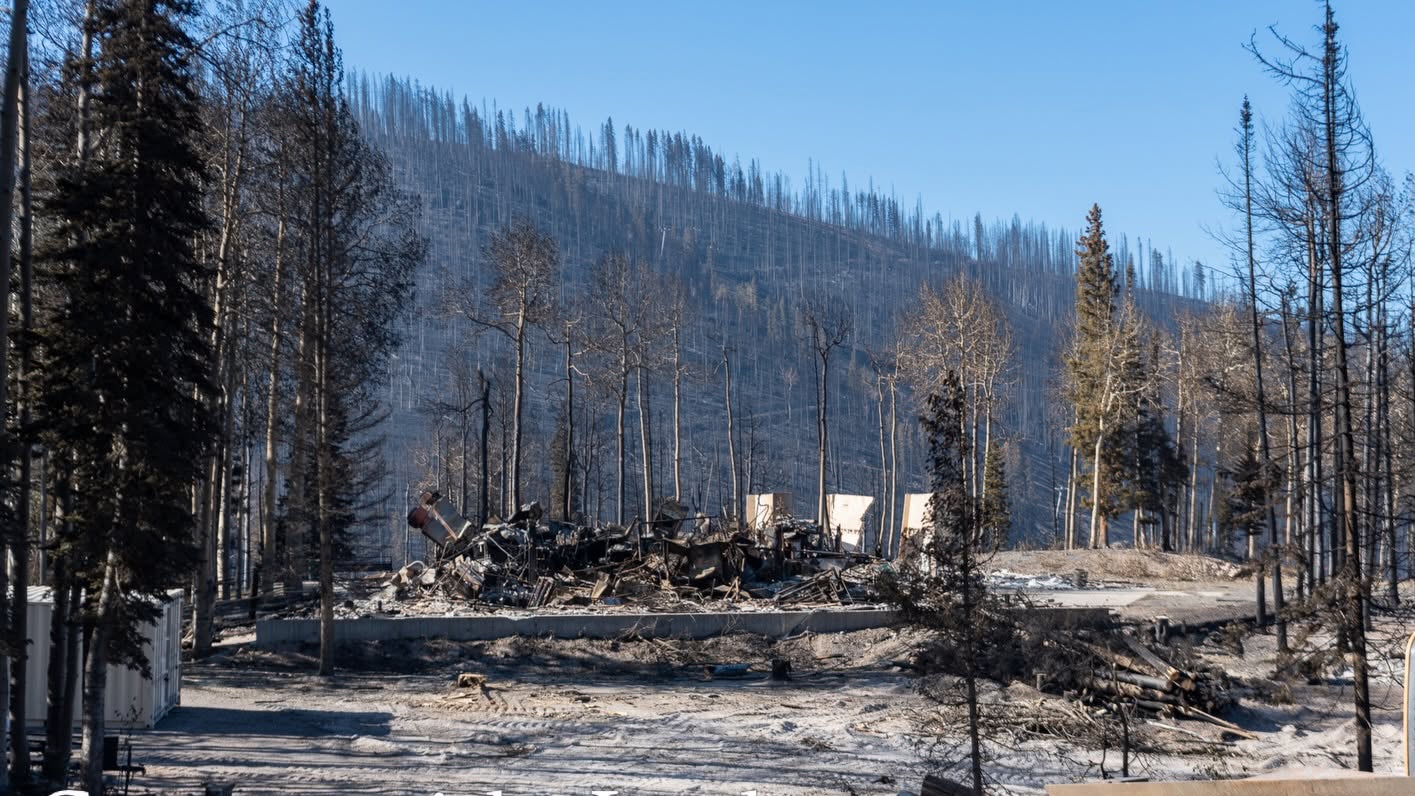 A photo from the Eagle Point Ski Resort shows one of its lodges destroyed by the Cottonwood wildfire on June 29, 2026.