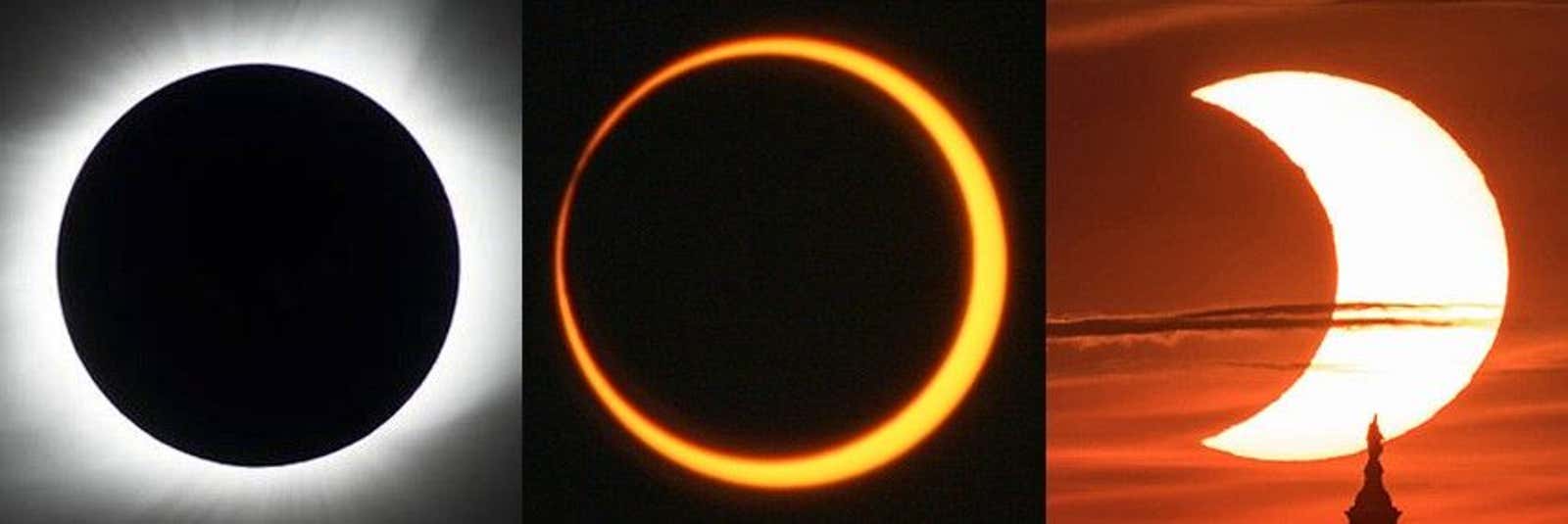 From left to right, these images show a total solar eclipse, annular solar eclipse and partial solar eclipse.