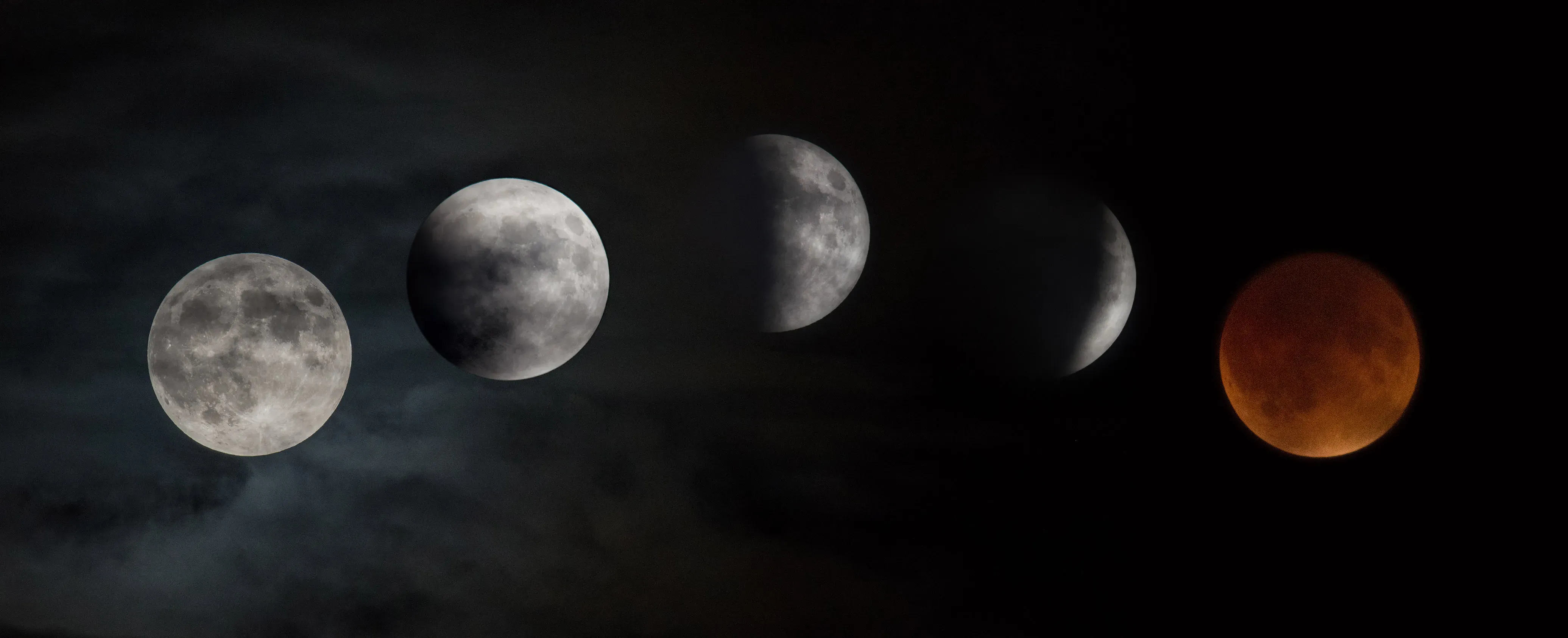 Phases of a lunar eclipse, with a total eclipse shown on the right.