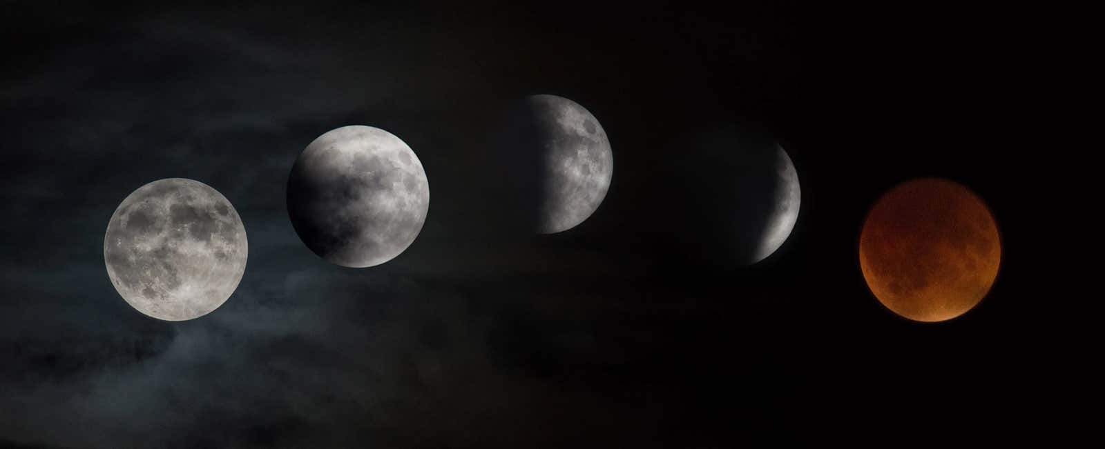 Phases of a lunar eclipse, with a total eclipse shown on the right.