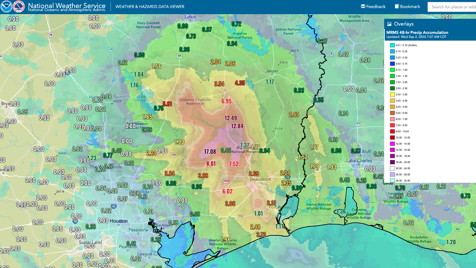 Tropical Storm Edouard rainfall through 7 a.m. CDT, Sept. 2, 2026 
