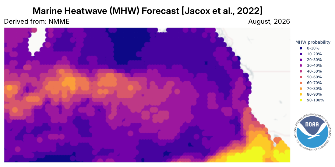 Marine heatwave forecast map showing probability percentages across ocean regions for August 2026, with color scale from purple (0-10%) to yellow (90-100%)