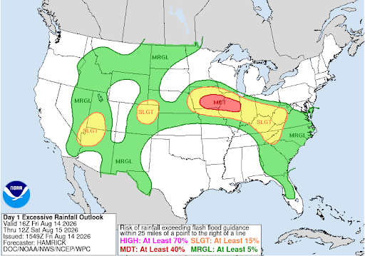 Excessive rainfall outlook for August 13-15, 2026