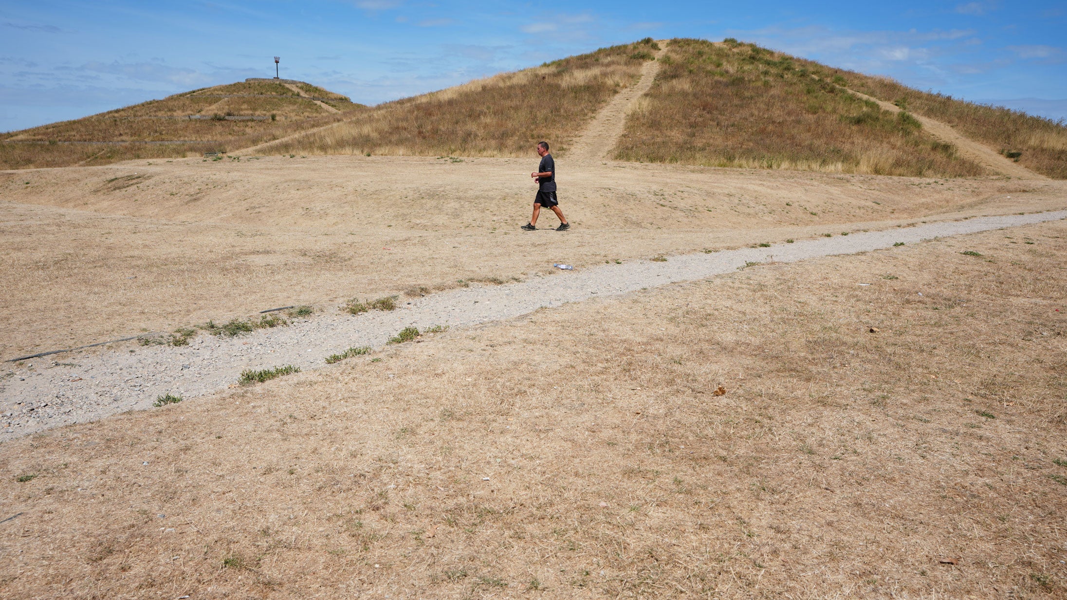 A man walks on dried grass in a park, amid drought conditions in London, Sunday, Aug. 9, 2026. 