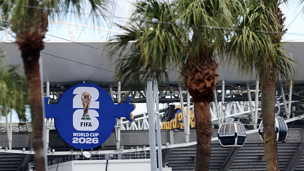 The FIFA World Cup 2026 logo is seen covering the Hard Rock Stadium signage on the exterior of Miami Stadium on May 22, 2026 in Miami, Florida.