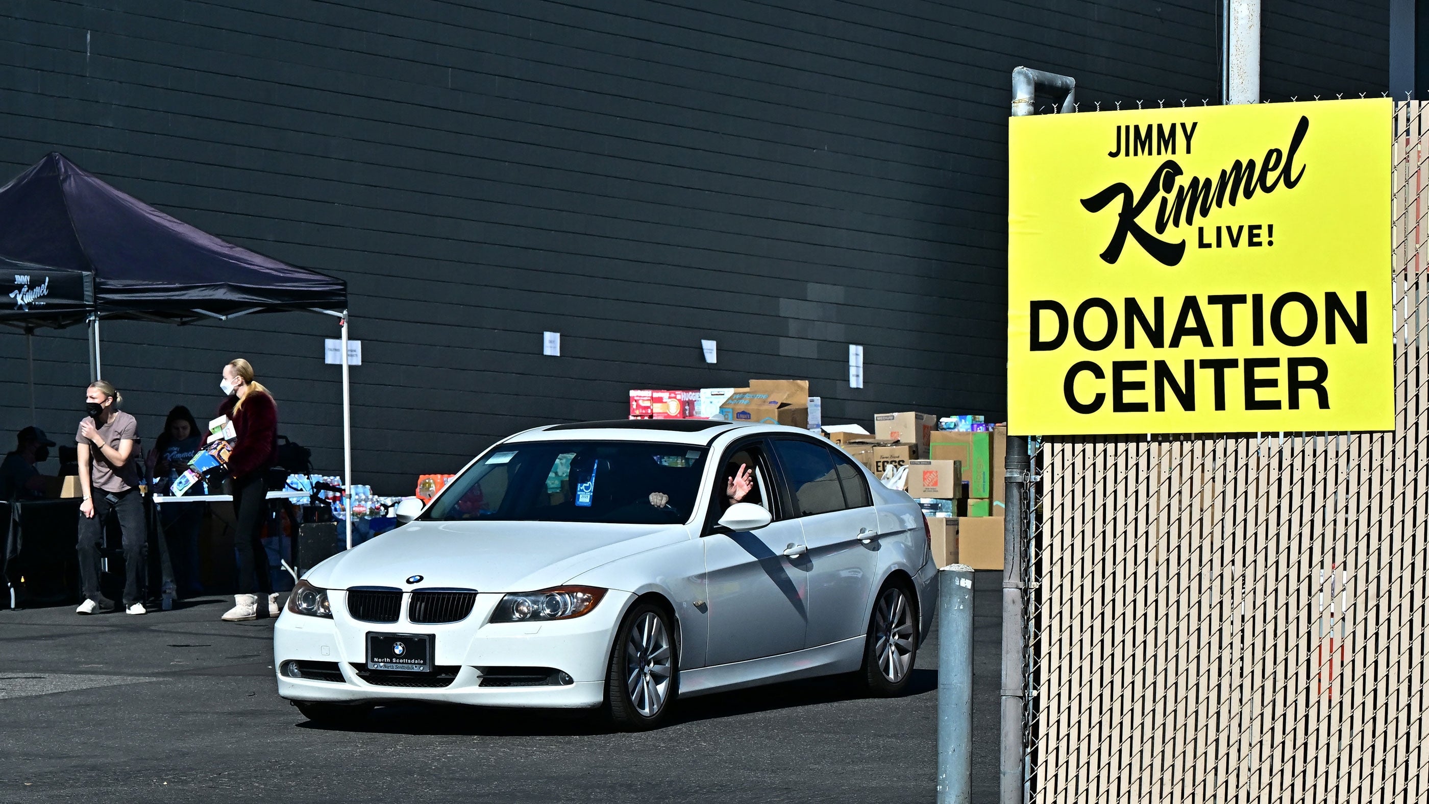 The Hollywood backlot to Jimmy Kimmel Live, where people could receive or drop off donations for families and victims of the Los Angeles fires in Hollywood, California, on January 14, 2025.