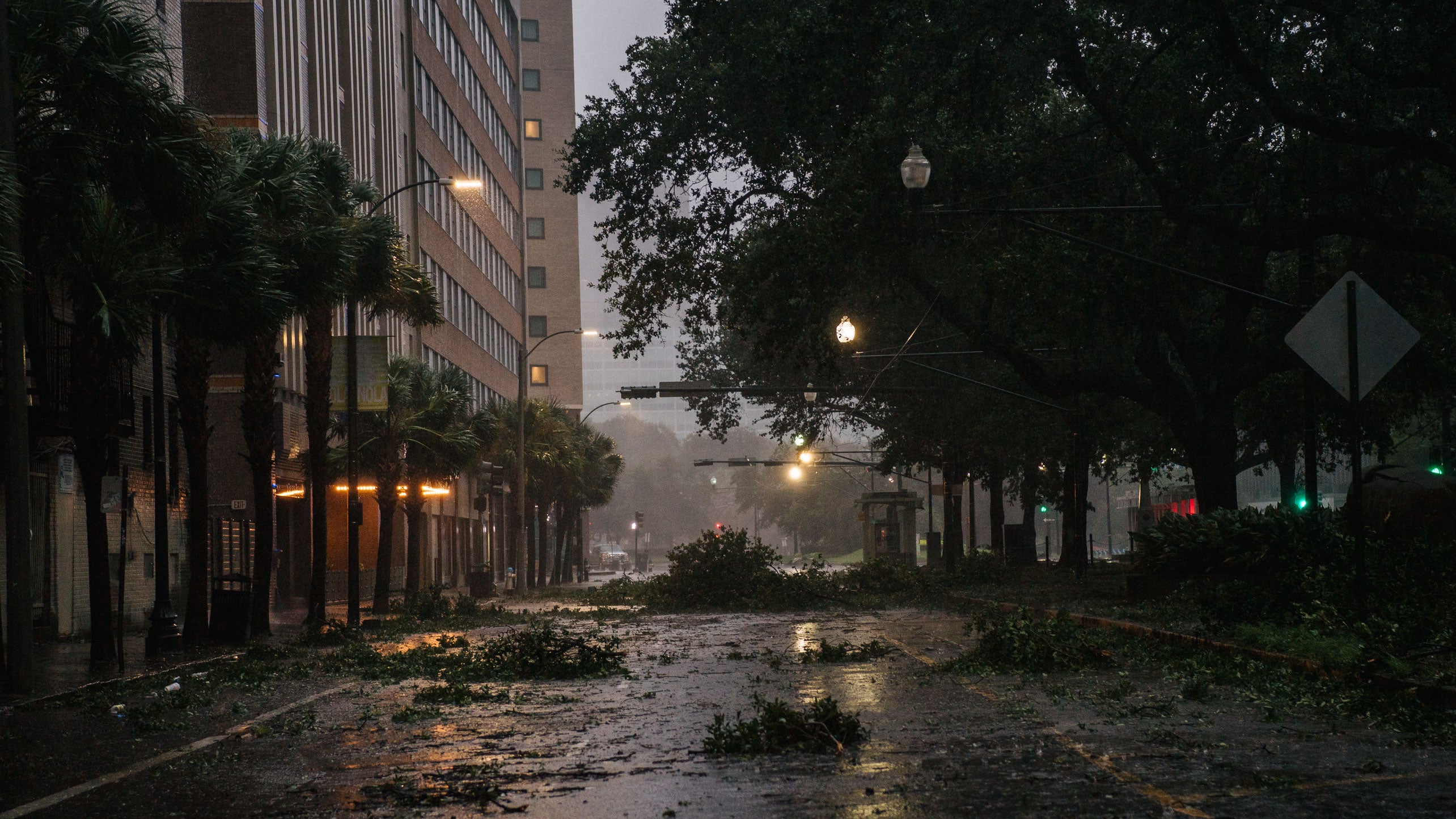 Debris is seen in an intersection downtown in New Orleans, Louisiana, on August 29, 2021 &mdash; the day that Hurricane Ida made landfall.