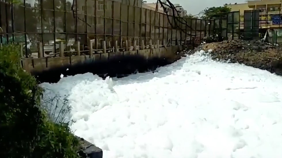 Foaming Polluted Lake Catches Fire