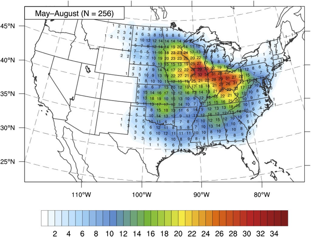 The number of progressive derecho events from May through August 1996-2013 passing through a 100 kilometer by 100 kilometer grid box is plotted in this map above.