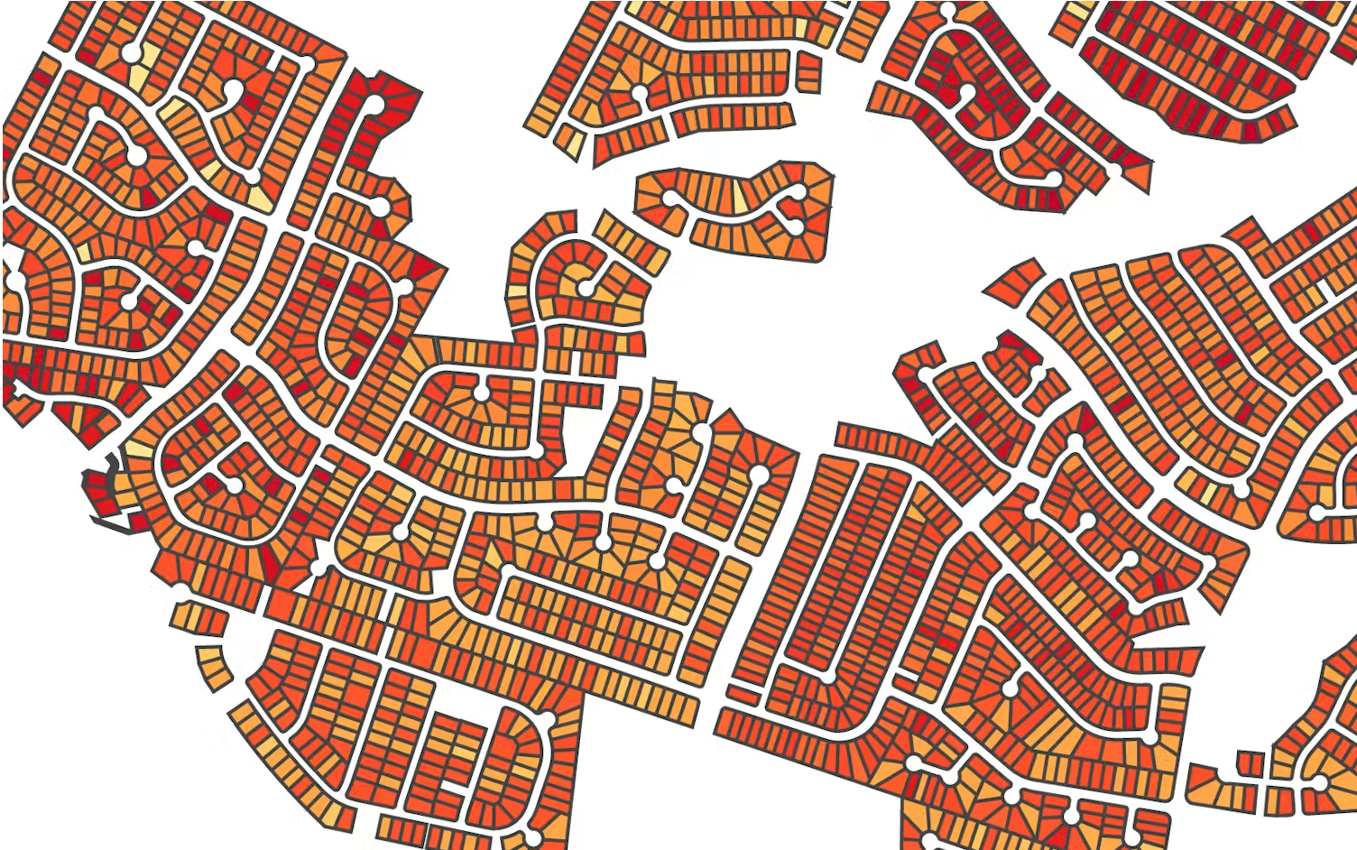 Aerial view map showing residential neighborhoods with curved streets, cul-de-sacs, and housing blocks in orange and red tones