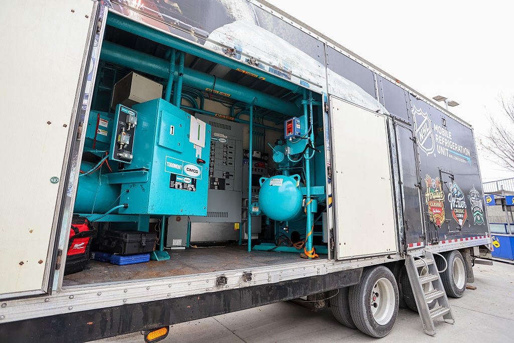The Mobile Refrigeration Unit's ice plant equipment at Princess Auto Stadium in Winnipeg, where the Jets host the Canadiens in the Heritage Classic on Oct. 25. 