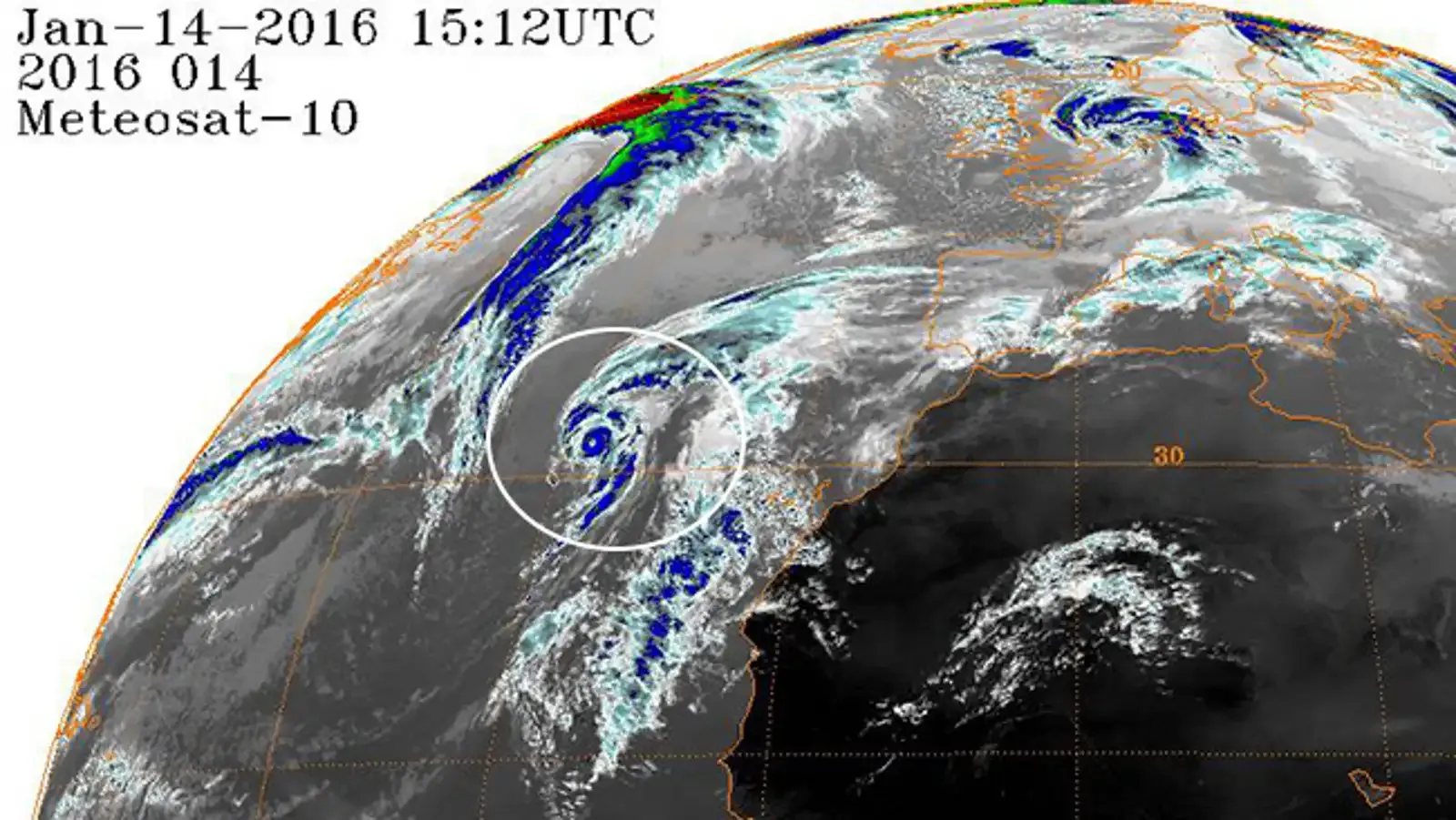Meteosat-10 satellite image from January 14, 2016 showing a large storm system with a distinct eye circled in white over the North Atlantic Ocean