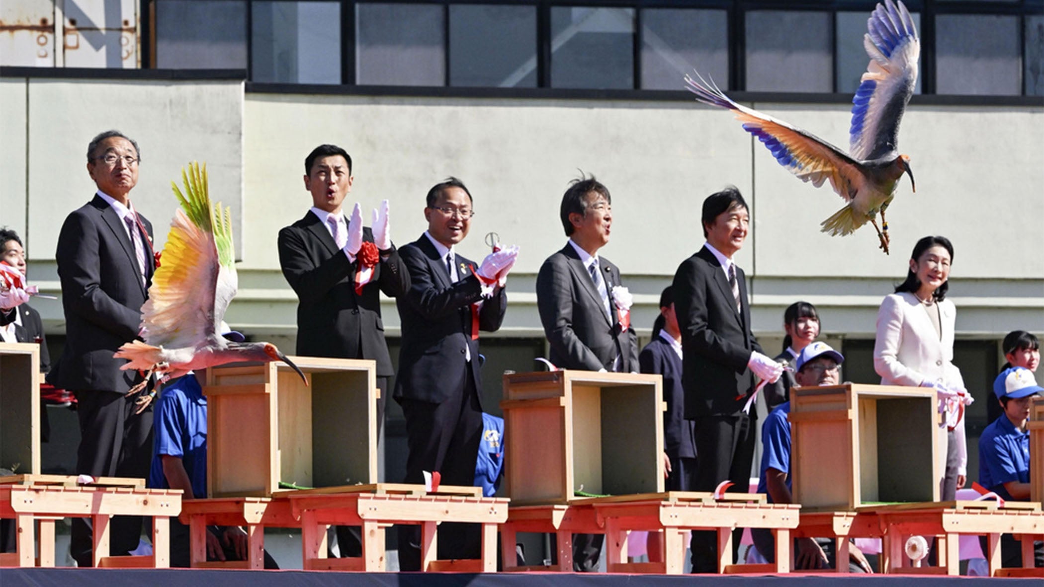Japan's Crown Prince Akishino, second right, Crown Princess Kiko, right, and other officials watch a crested Ibis marked with painted wings released into wild during an event in Hakui, Japan, Sunday, May 31, 2026.