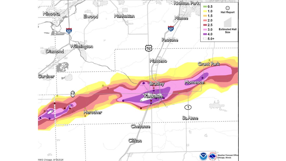Kankakee, Illinois, supercell hail swath March 2026