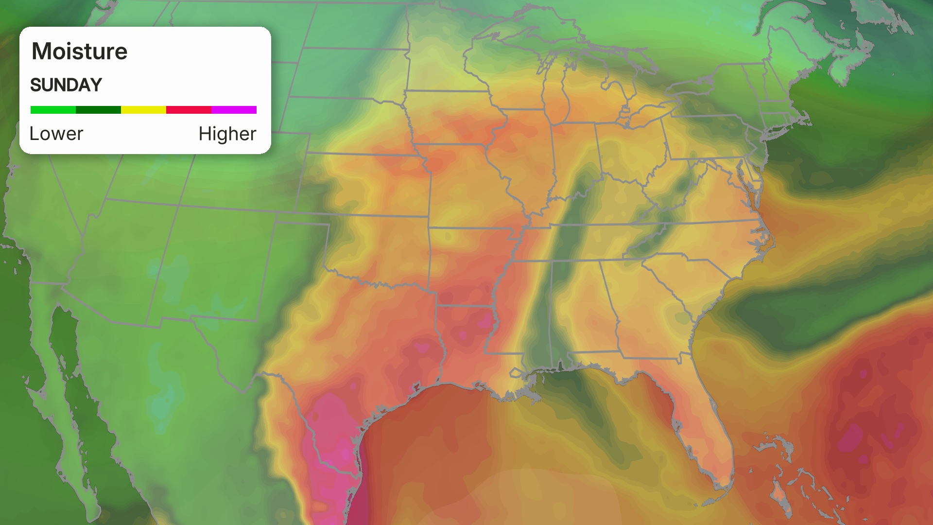 Moisture content across the eastern U.S.