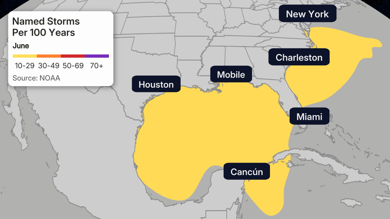 June July tropical storm formation areas Gulf East Coast US