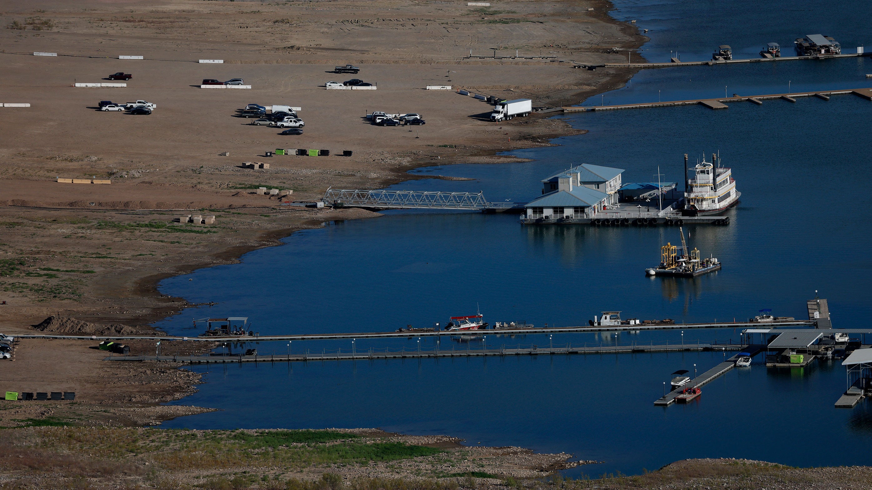 Low water levels are visible at Lake Mead Marina on Sept. 1, 2026 in Lake Mead National Recreation Area, Nevada. Lake Mead, the nation's largest reservoir, has fallen to its lowest level since it began filling nearly 90 years ago.
