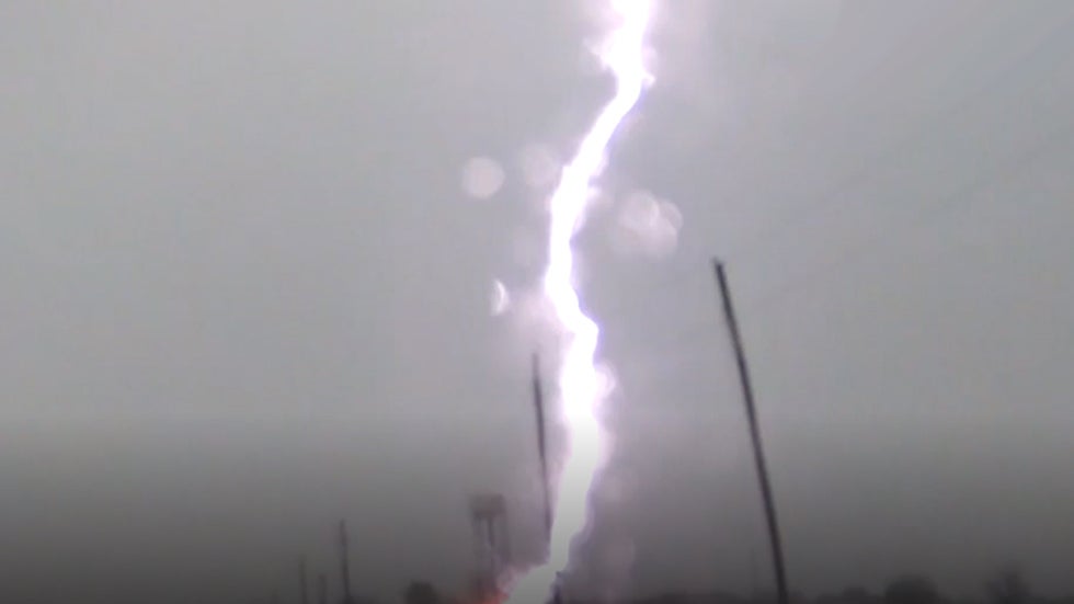 Lightning strikes water tower