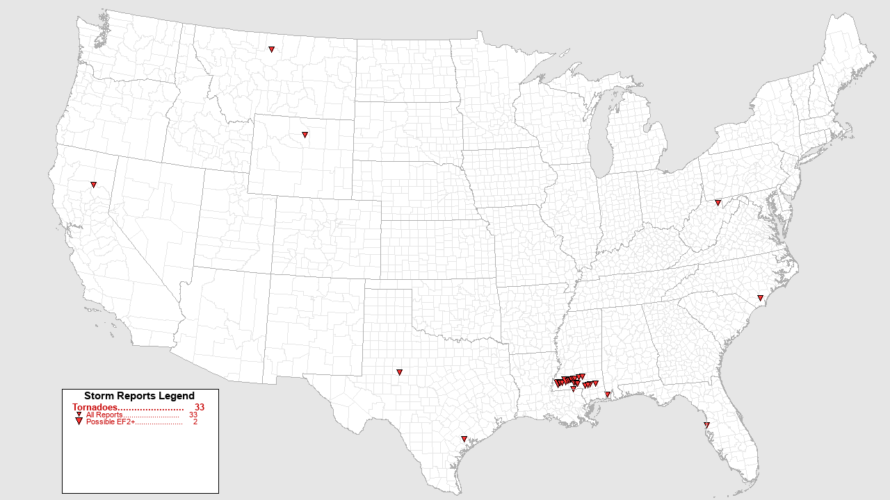 Tornado reports and confirmed tornadoes from May 1-14, 2026, across the U.S. NOAA/NWS/Storm Prediction Center