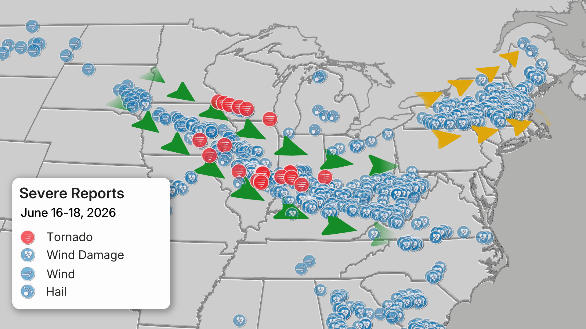 Map showing severe weather reports across the United States from June 16-18, 2026, with symbols for tornadoes, wind damage, wind, and hail, plus green triangular markers and yellow arrows indicating weather patterns