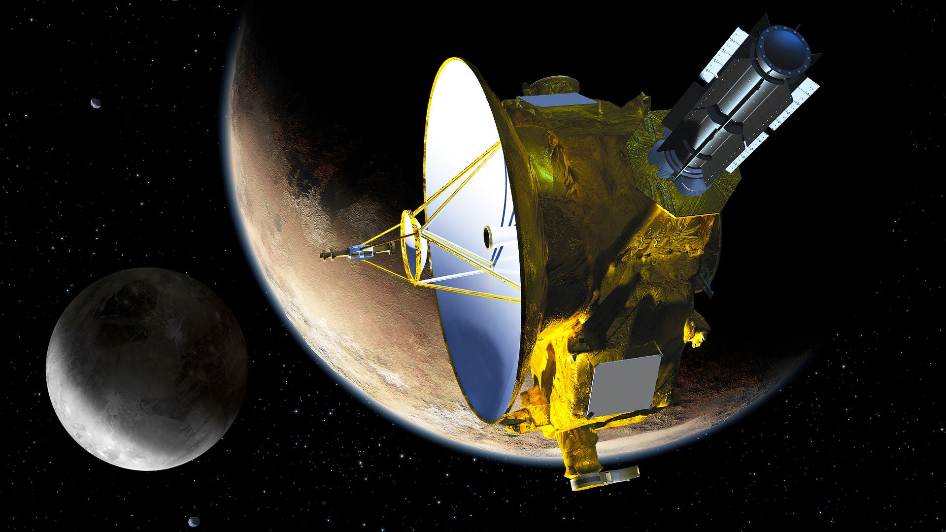 An artist's concept of New Horizons at Pluto with its largest moon Charon in the background.
