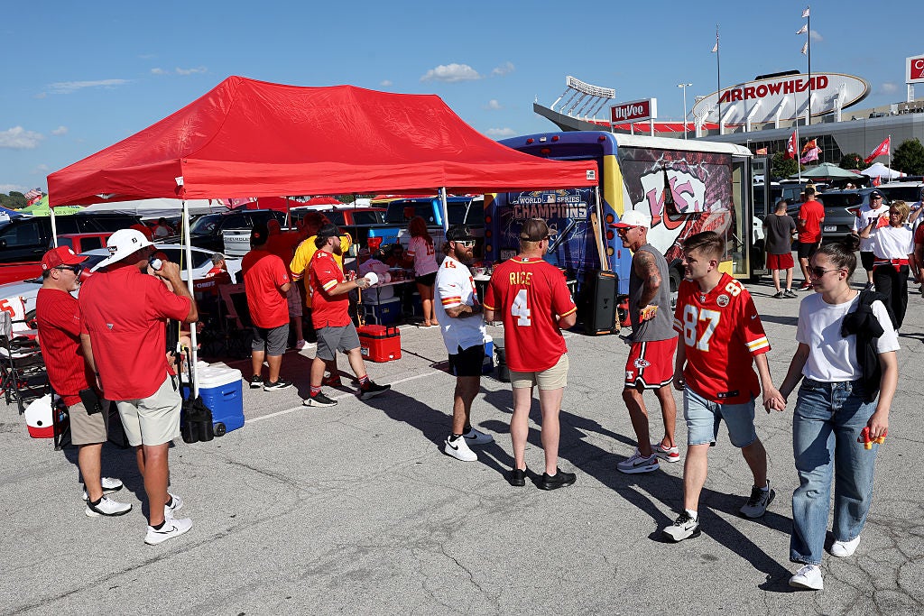 Fans enjoy NFL tailgate outside stadium before the game 