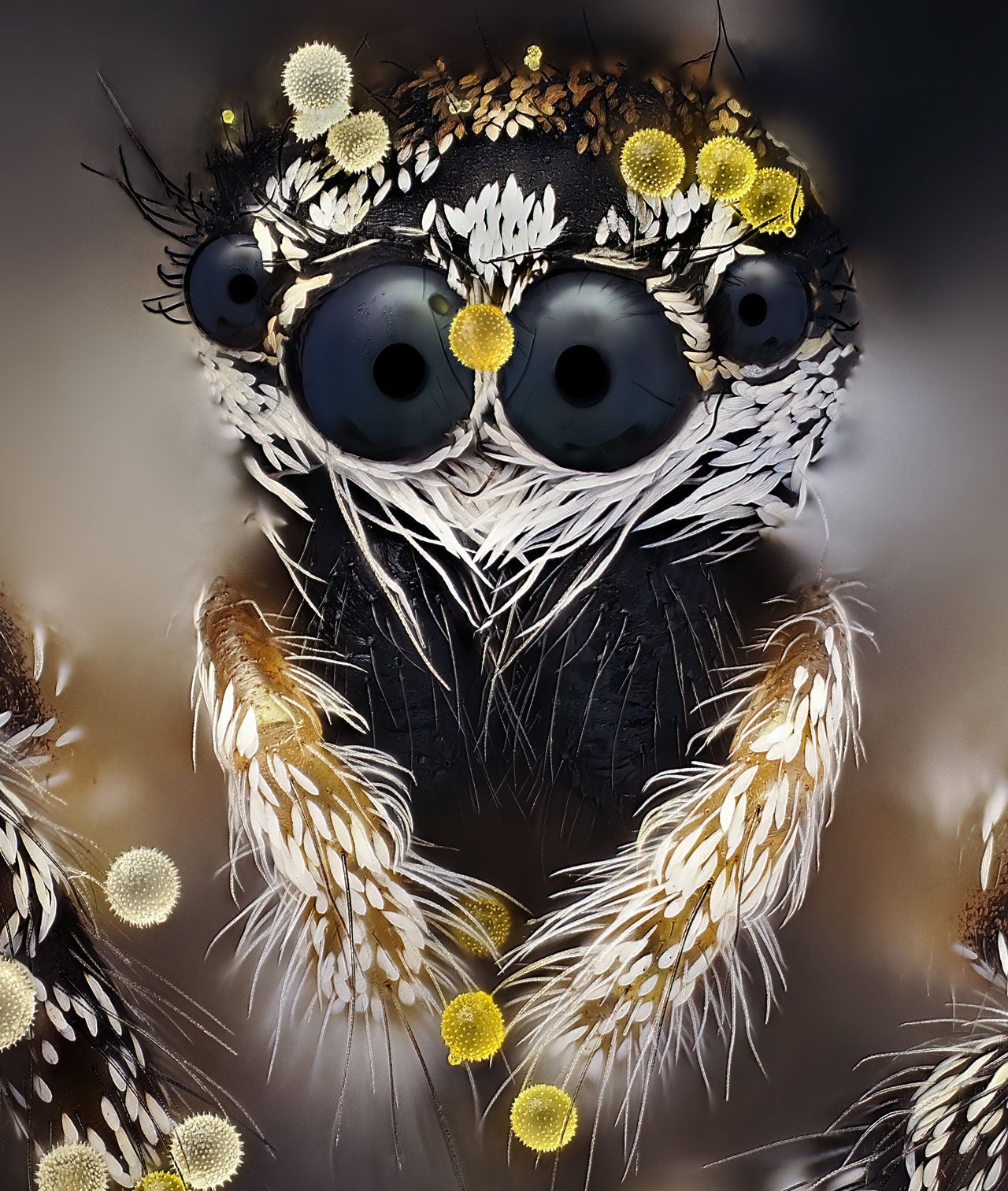Extreme macro close-up of a jumping spider's face with large black eyes, white scales, and pollen grains