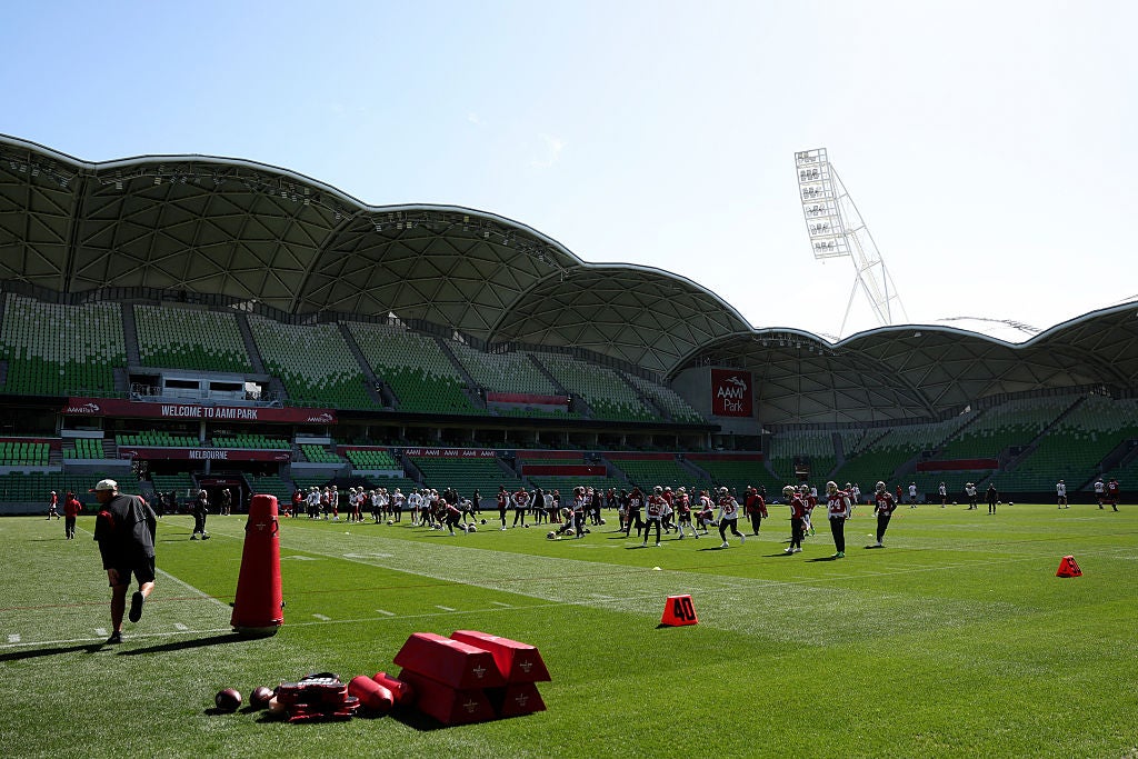 San Francisco 49ers players' attend a training session at AAMI Park in Melbourne on September 7, 2026. 