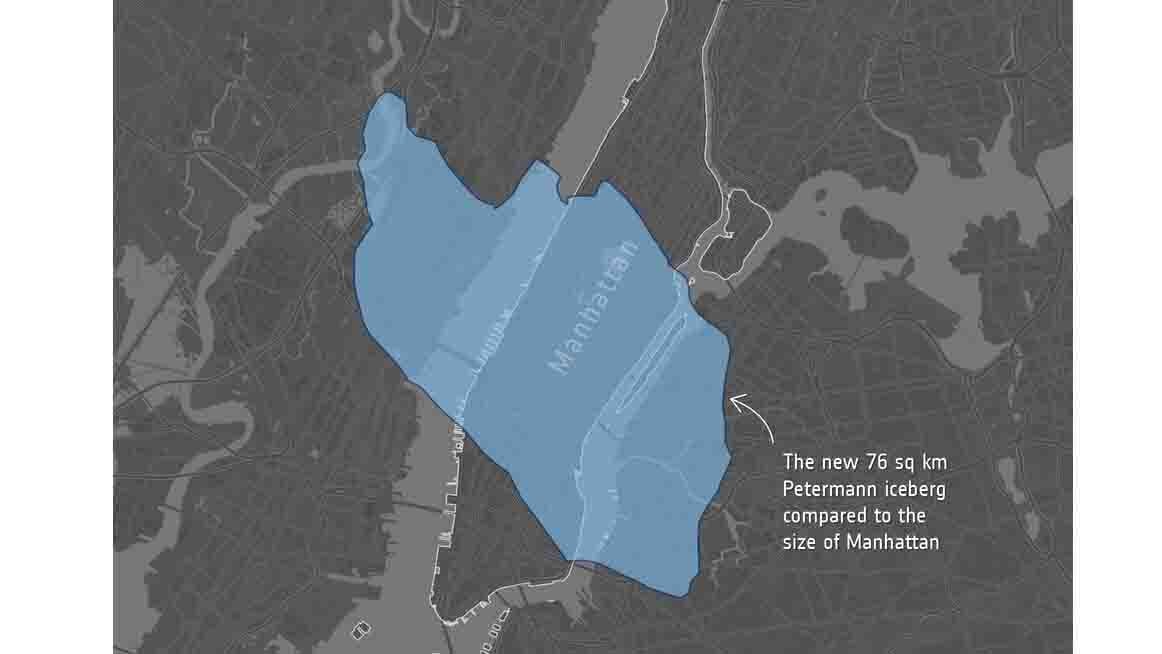 Map comparing the 76 sq km Petermann iceberg's size to Manhattan island, shown in blue overlay