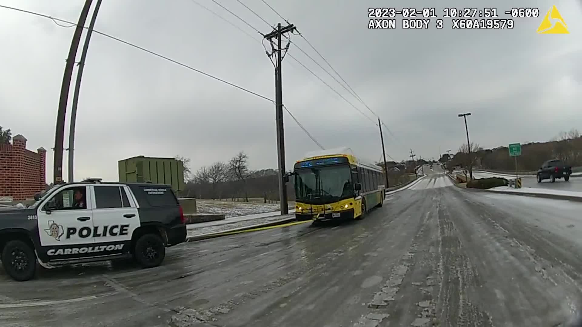 Police Tows Bus Stuck On Ice In Texas