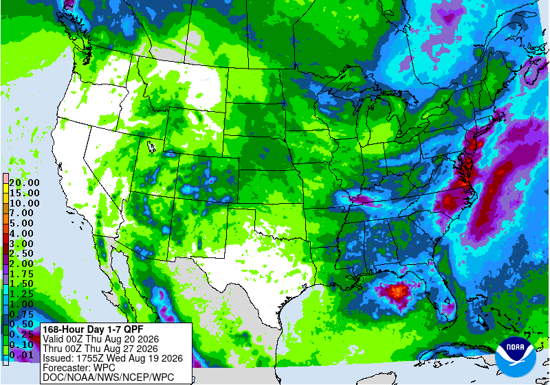 An example of a NOAA rainfall total forecast.  A 7-day total QPF map, where shading shows expected precipitation in inches, not the chance of rain. 