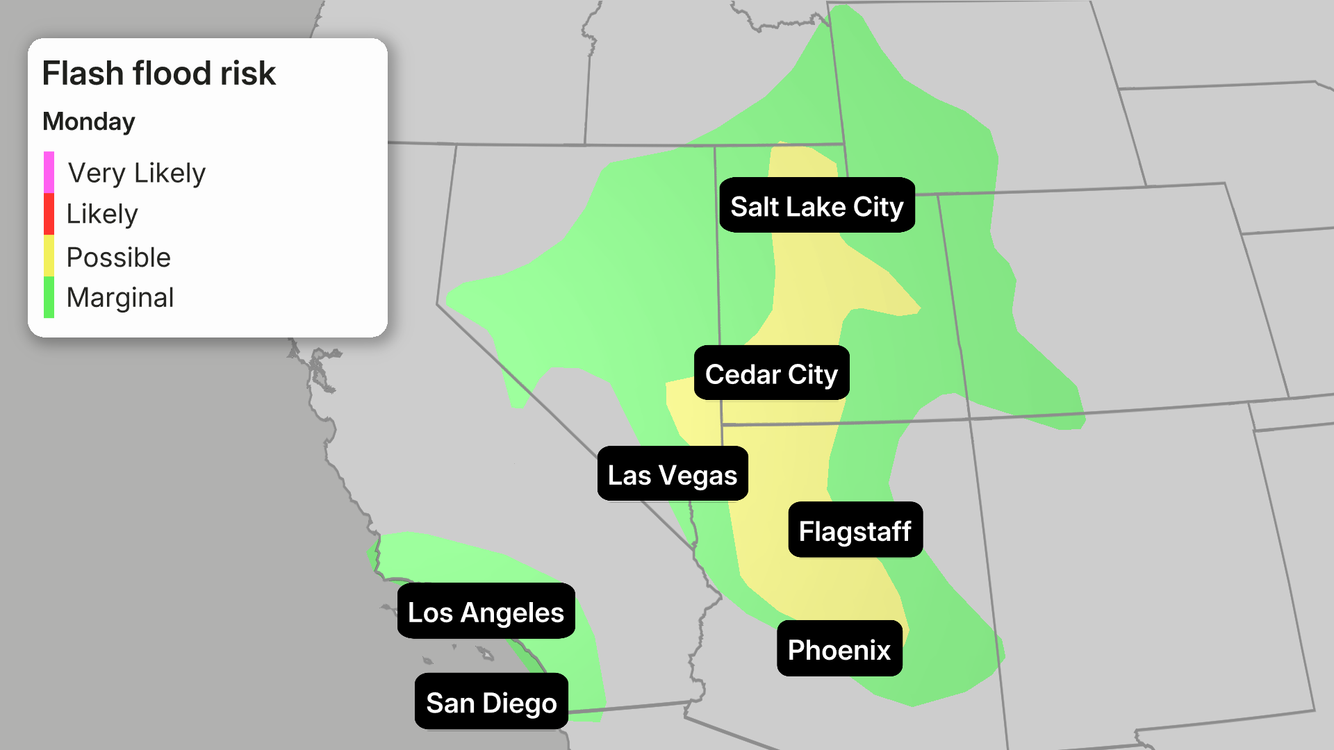 Map showing Monday flash flood risk across the southwestern US, with marginal to possible risk near Salt Lake City, Las Vegas, and Phoenix