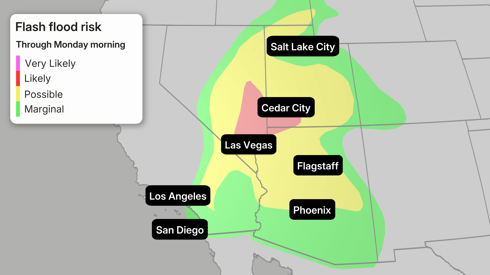 Map showing flash flood risk levels through Monday morning across the southwestern US, with Las Vegas and Cedar City in a higher risk zone