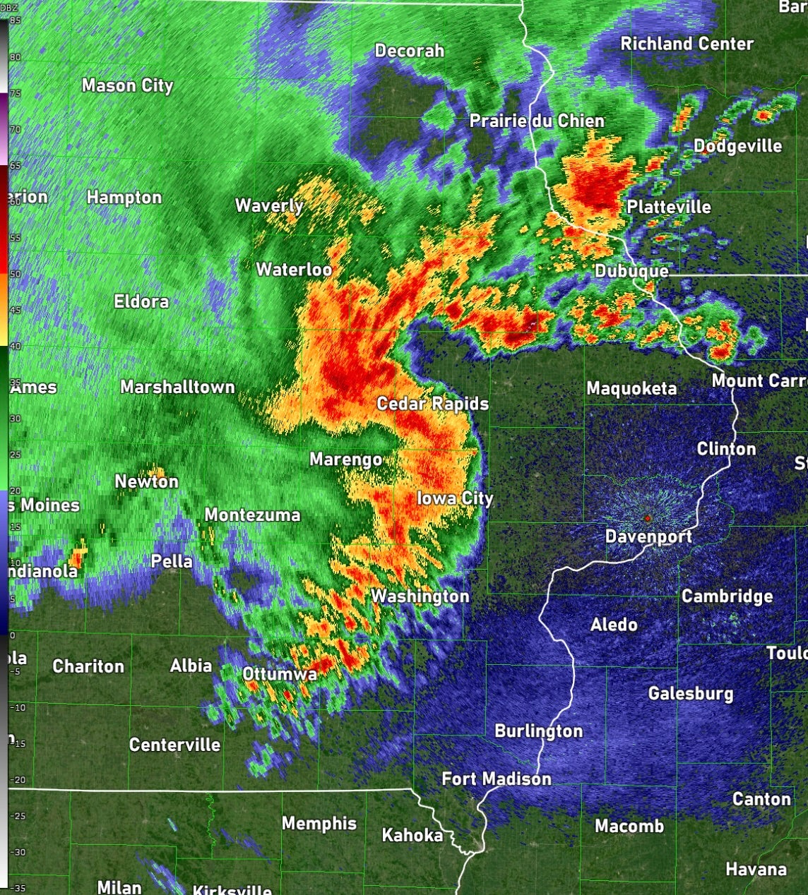 An example of radar reflectivity, showing the August 2020 Iowa derecho. Radar reveals what a percentage can't: where the rain is right now.