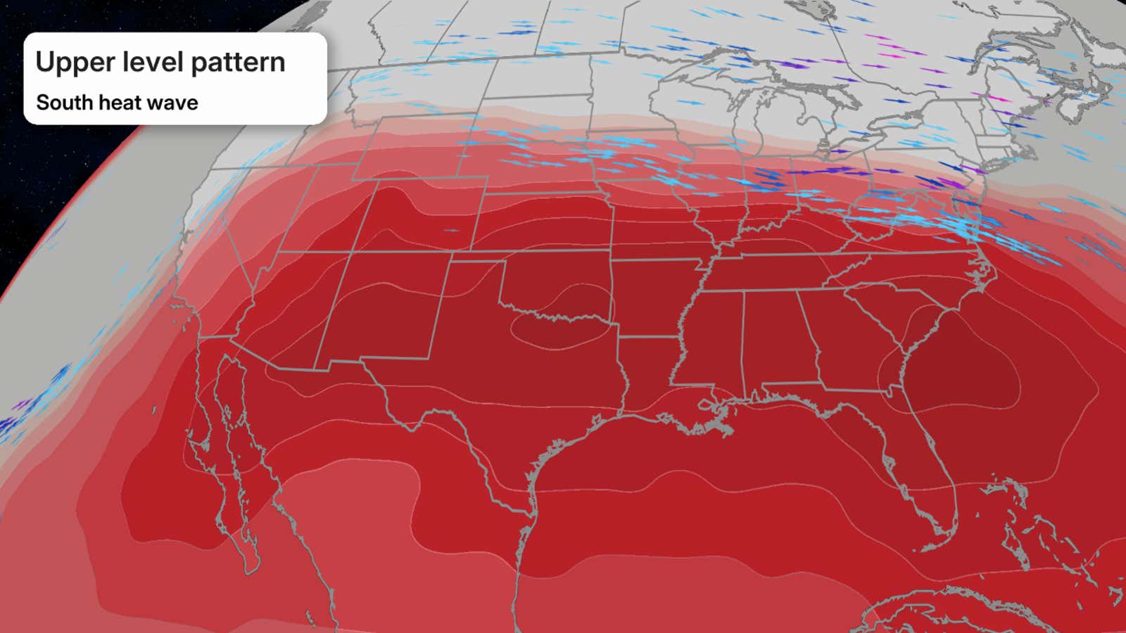 Heat wave forecast map showing high temperatures across the South