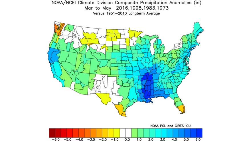 Spring (Mar-May) precipitation anomalies across the same events. California stays wet into spring while the Northwest turns drier.
