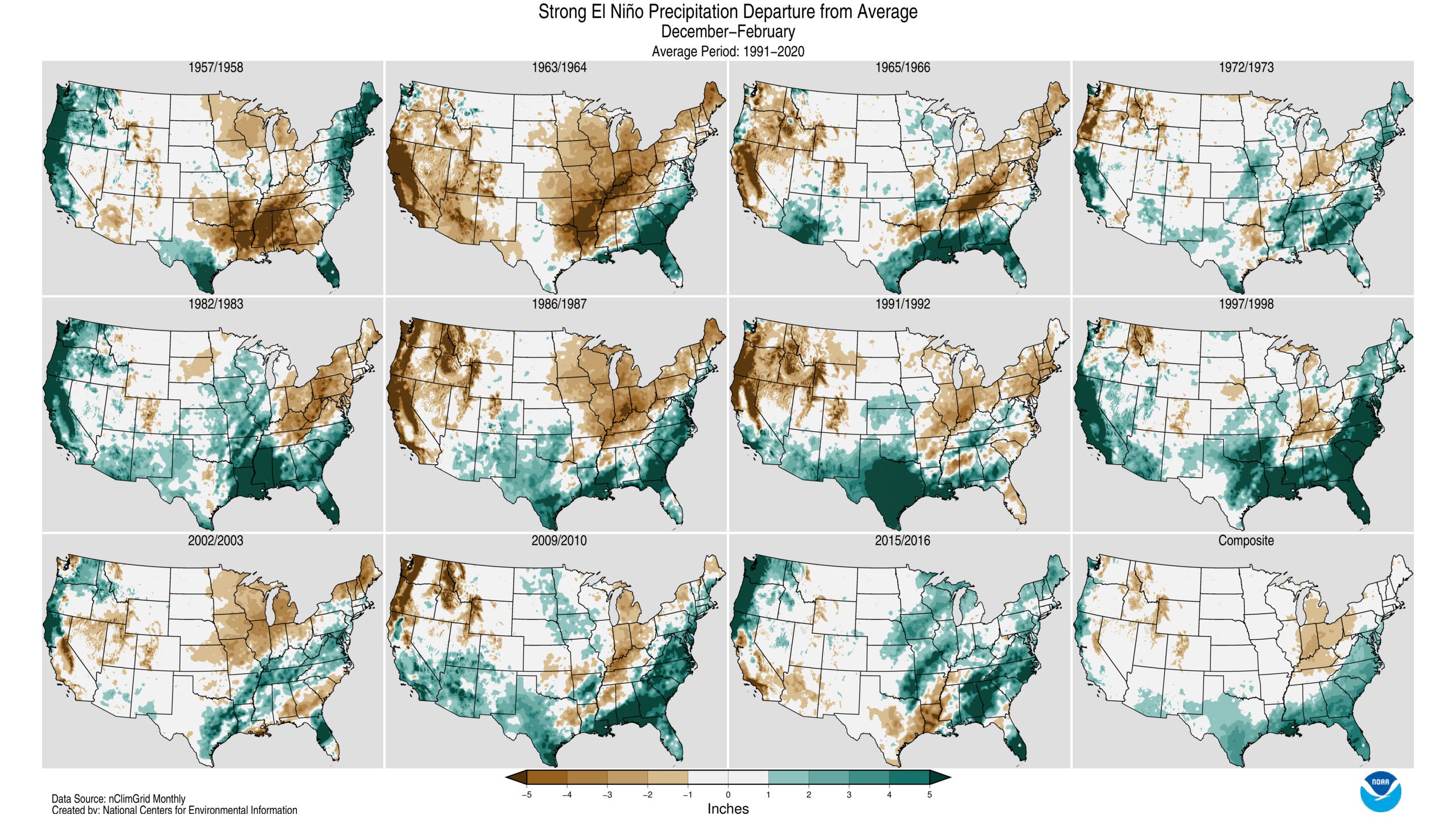 strong El Ni&ntilde;o winter precipitation since 1950