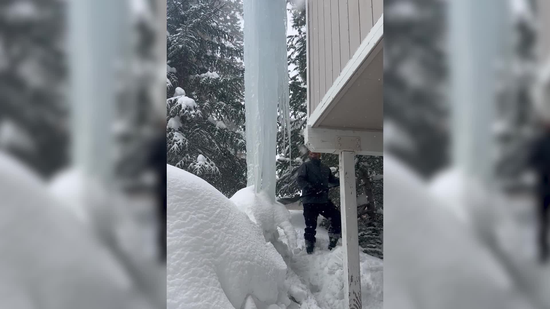 Taking Out A Giant Icicle In South Lake Tahoe