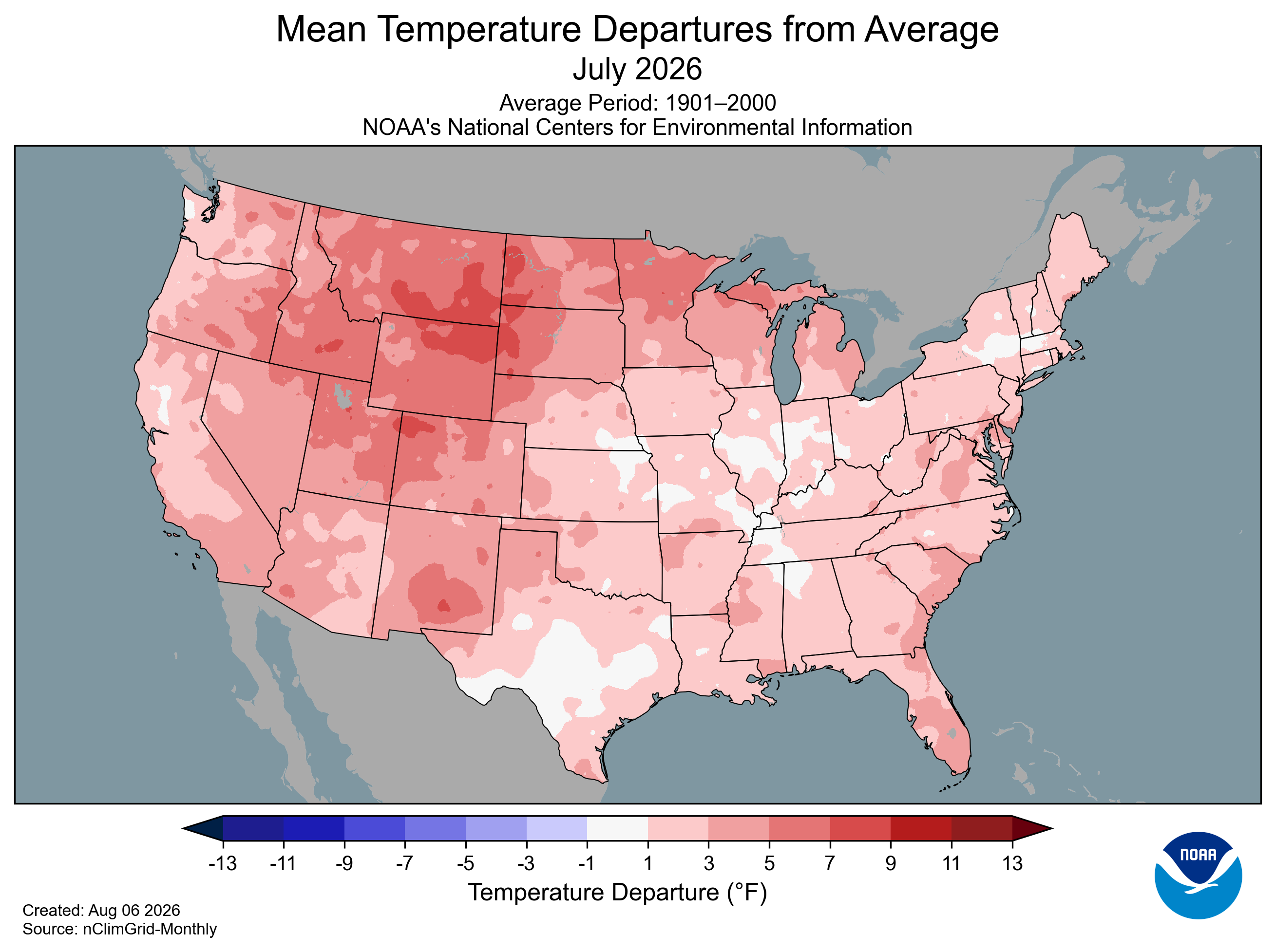 Mean Temperature Departures from Average July 2026
