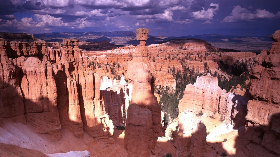 View of massive rock formations lit by the sun